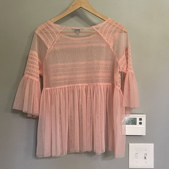 Belle & Sky Top Womens Size Small Sheer Mesh Flare Sleeve‎ Pullover Peach Pink - Picture 4 of 11